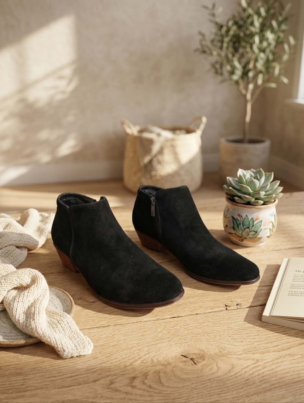 CROWN VINTAGE TABITHA Black Suede Leather Booties Low Heel Ankle Boots Size 8